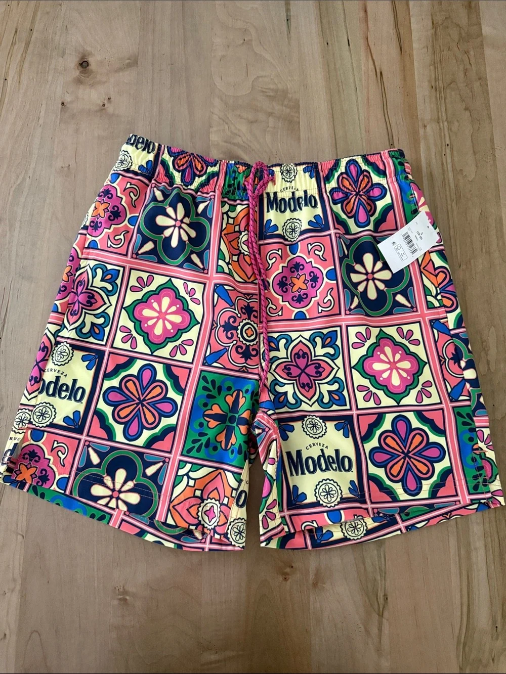 ModelCo Men’s Tile-Print Swim Trunks - Pink, Blue, Green, Yellow
